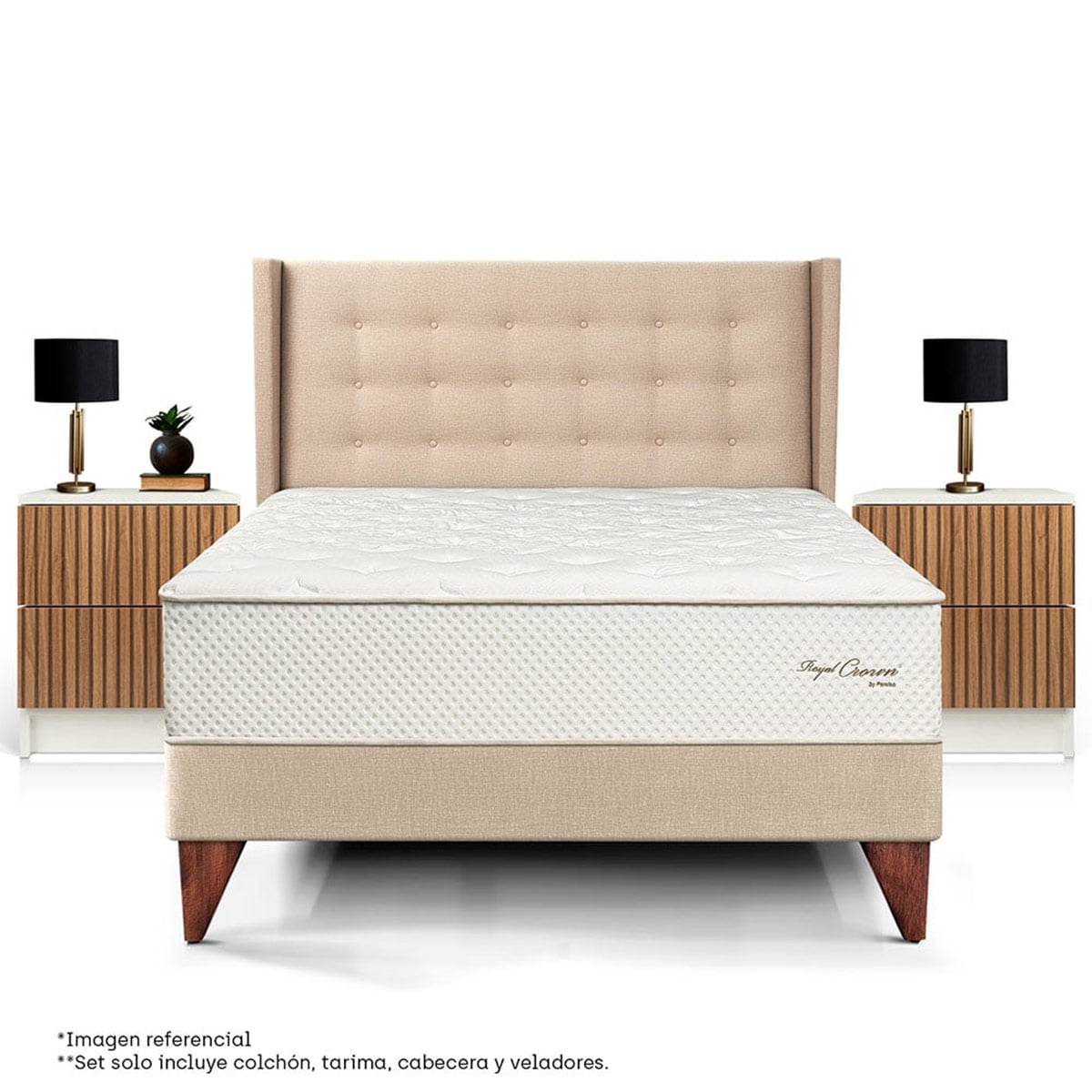 DORMITORIO EUROPEO ROYAL CROWN QUEEN + CABECERA GOLD CHAMPAGNE + VELADOR BRISSE + 2 ALMOHADAS VISCOELÁSTICAS - 3