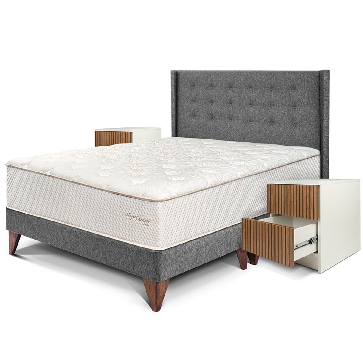 DORMITORIO EUROPEO ROYAL CROWN QUEEN + CABECERA GOLD GRIS + VELADOR BRISSE + 2 ALMOHADAS VISCOELÁSTICAS - 1
