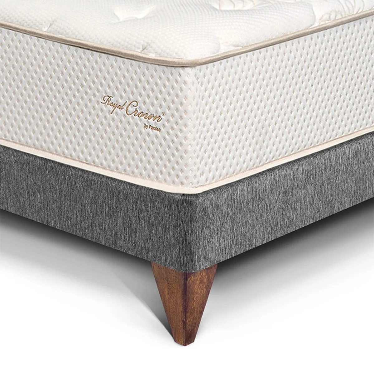 DORMITORIO EUROPEO ROYAL CROWN QUEEN + CABECERA GOLD GRIS + VELADOR BRISSE + 2 ALMOHADAS VISCOELÁSTICAS - 2
