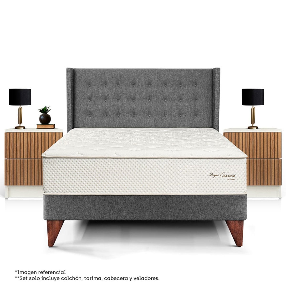 DORMITORIO EUROPEO PARAÍSO ROYAL CROWN GOLD KING GRIS + VELADOR BRISSE + 2 ALMOHADAS VISCOELÁSTICAS - 3