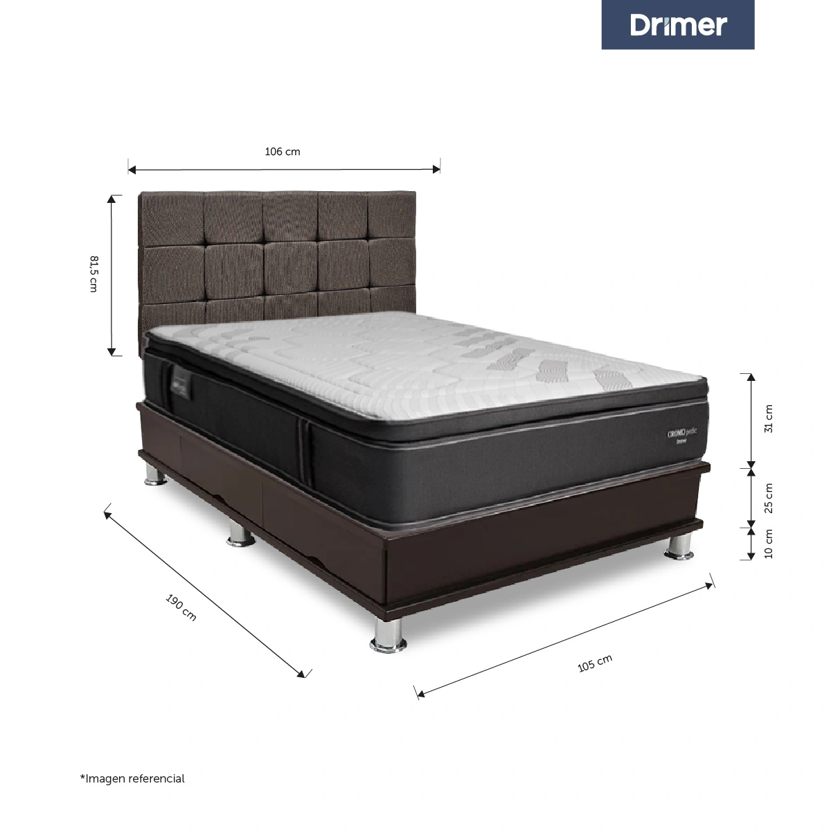 DORMITORIO CON CAJONES DRIMER CROMOPEDIC 1.5 PLAZAS CUADROS MARRÓN - 3