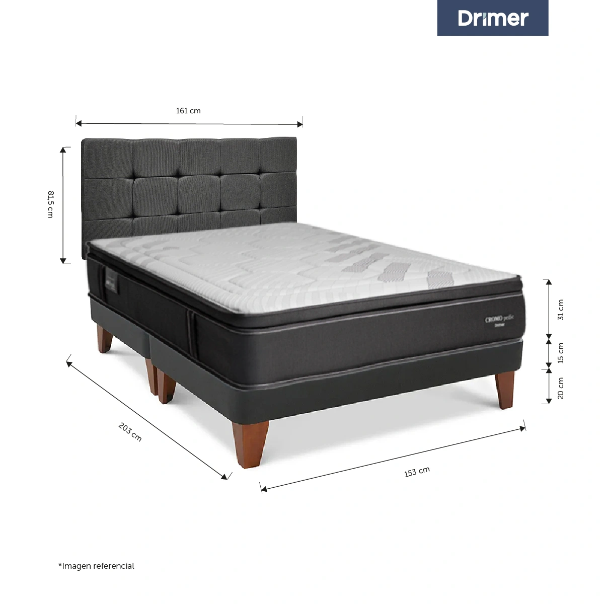 DORMITORIO CON CAJONES DRIMER CROMOPEDIC QUEEN CUADROS GRIS - 3