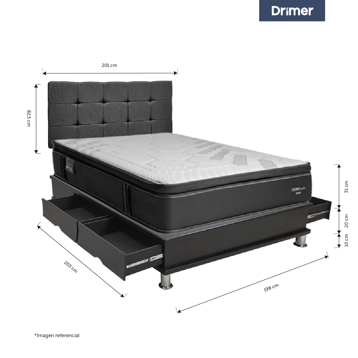 DORMITORIO CON CAJONES DRIMER CROMOPEDIC KING CUADROS GRIS - 3