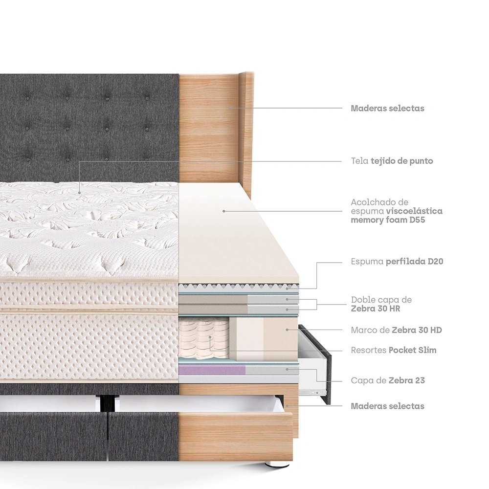 DORMITORIO CON CAJONES PARAÍSO ROYAL CLOUD GOLD QUEEN GRIS + 2 ALMOHADAS VISCOELÁSTICAS - 4