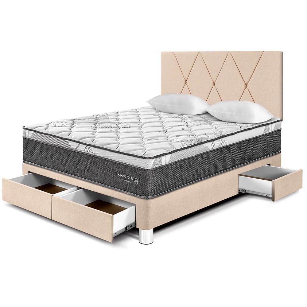DORMITORIO PARAÍSO POCKET STAR 2 PLAZAS CON CAJONES CHAMPAGNE + CABECERA LOFT - 1