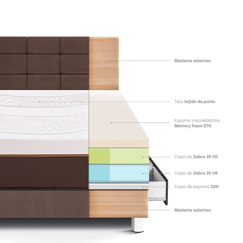 DORMITORIO CON CAJONES PARAÍSO ROYAL ABRAZZO 1.5 PLAZAS CHOCOLATE + CABECERA BLOCKS + 1 ALMOHADA VISCOELÁSTICA - 4