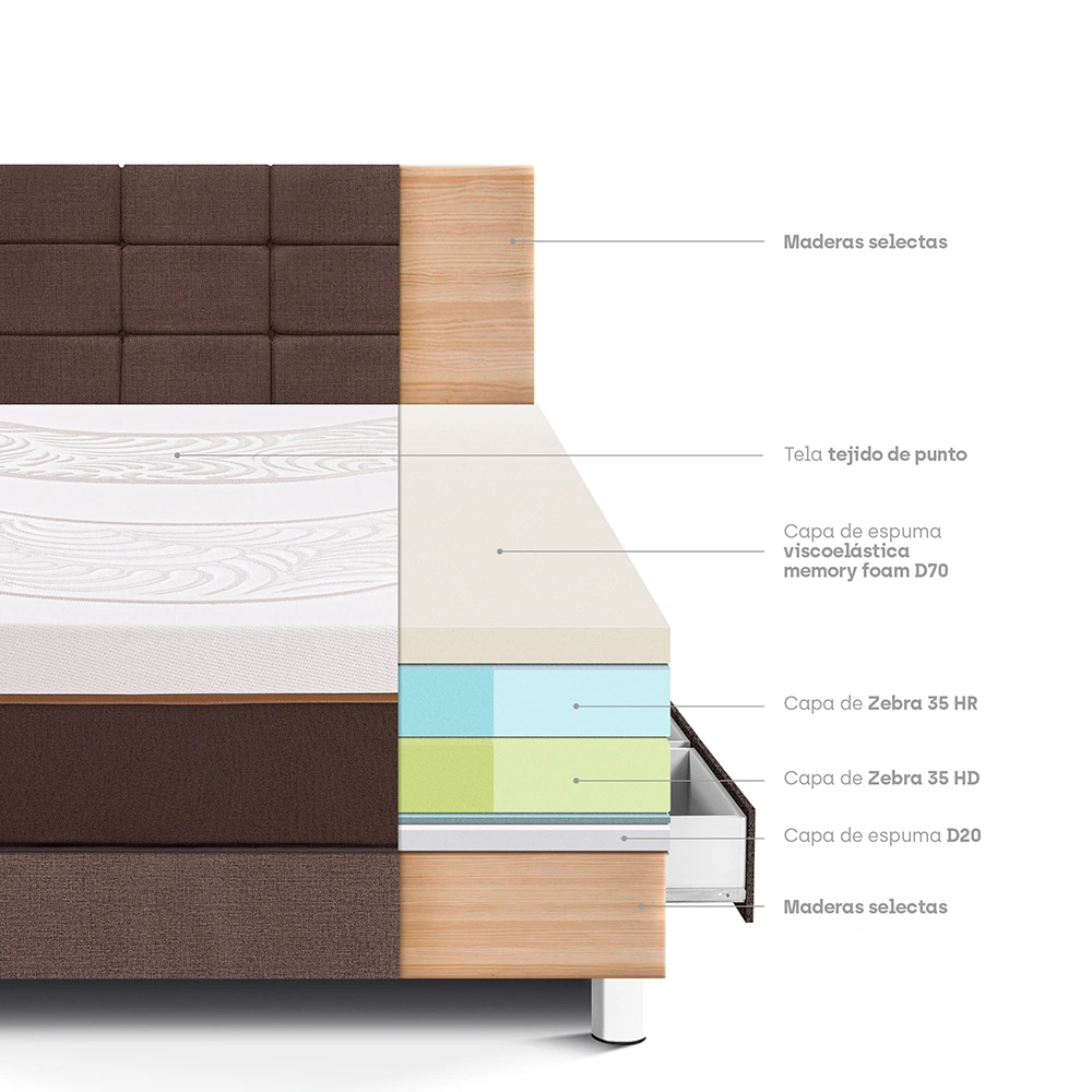 DORMITORIO CON CAJONES PARAÍSO ROYAL ABRAZZO 1.5 PLAZAS CHOCOLATE + CABECERA BLOCKS + 1 ALMOHADA VISCOELÁSTICA - 4
