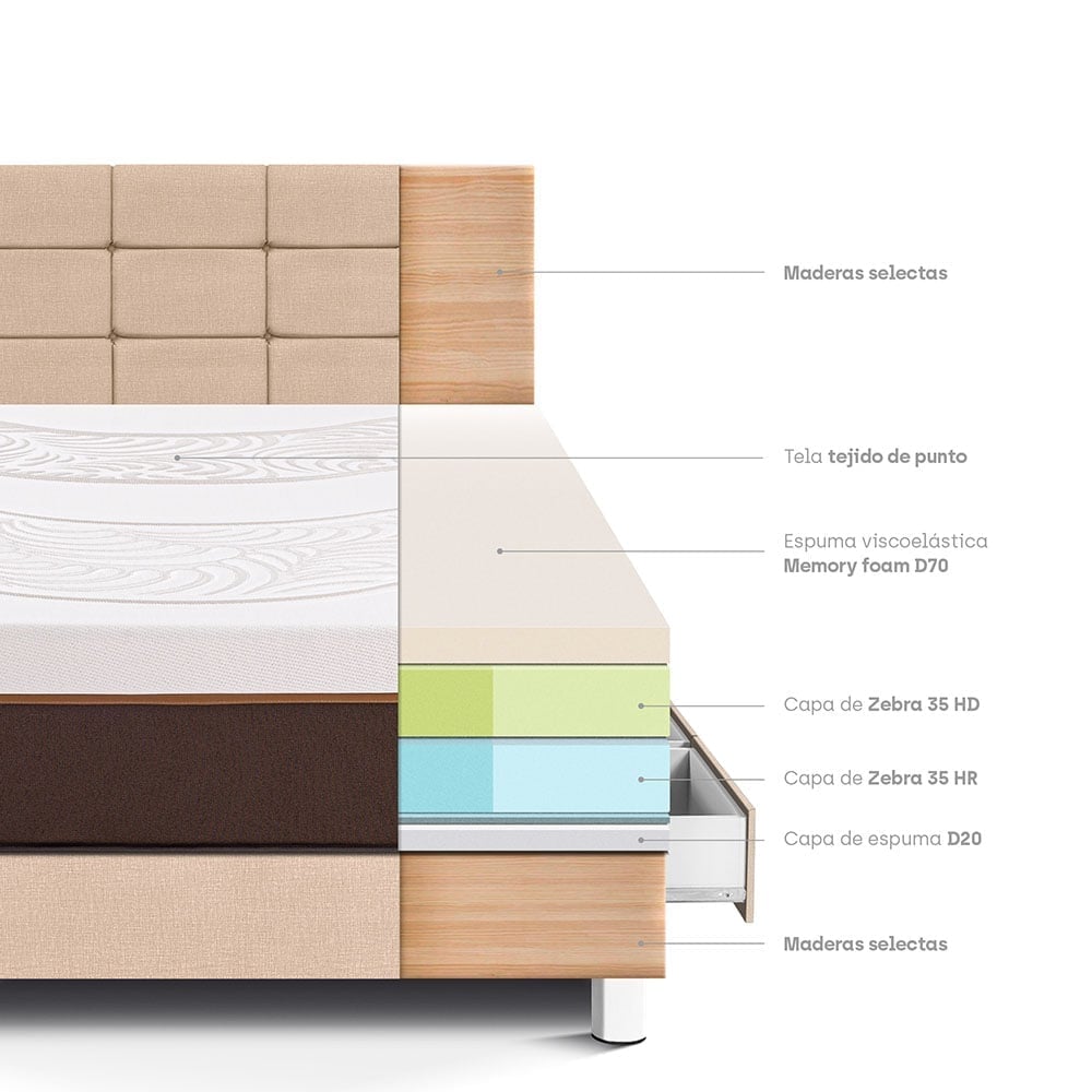 DORMITORIO CON CAJONES PARAÍSO ROYAL ABRAZZO 1.5 PLAZAS CHAMPAGNE + CABECERA BLOCKS + 1 ALMOHADA VISCOELÁSTICA - 4
