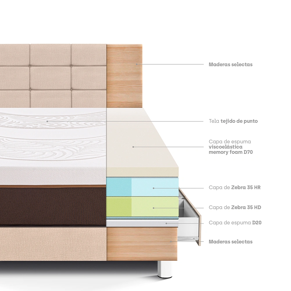 DORMITORIO CON CAJONES PARAÍSO ROYAL ABRAZZO 1.5 PLAZAS CHAMPAGNE + CABECERA BLOCKS + 1 ALMOHADA VISCOELÁSTICA - 4