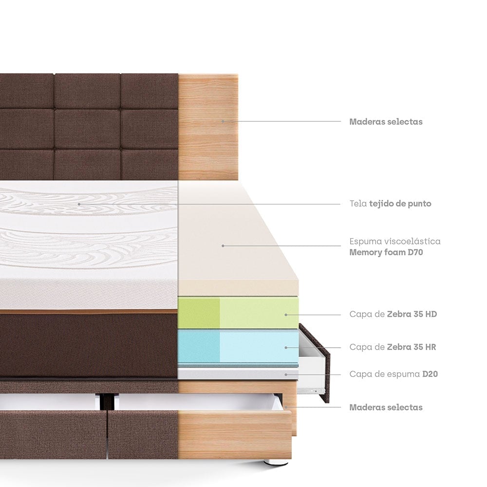 DORMITORIO CON CAJONES PARAÍSO ROYAL ABRAZZO QUEEN CHOCOLATE + CABECERA BLOCKS + 2 ALMOHADAS VISCOELÁSTICAS - 4