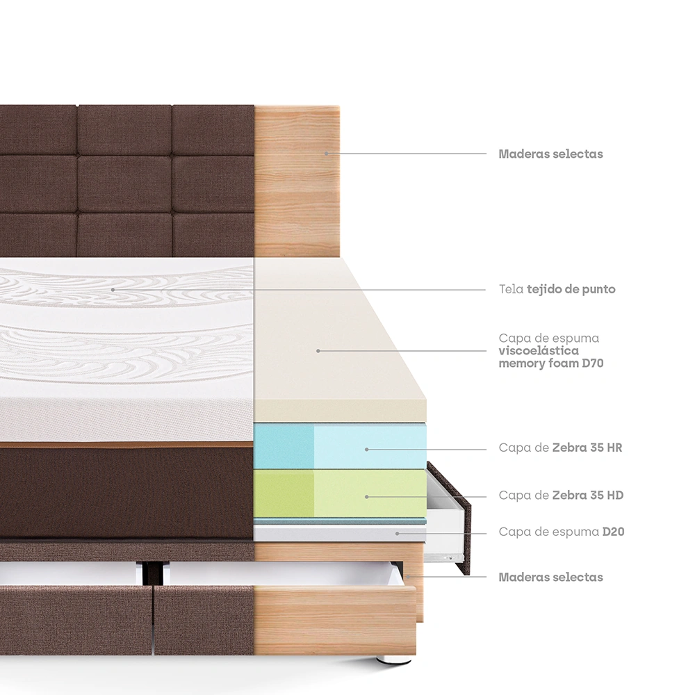 DORMITORIO CON CAJONES PARAÍSO ROYAL ABRAZZO QUEEN CHOCOLATE + CABECERA BLOCKS + 2 ALMOHADAS VISCOELÁSTICAS - 4