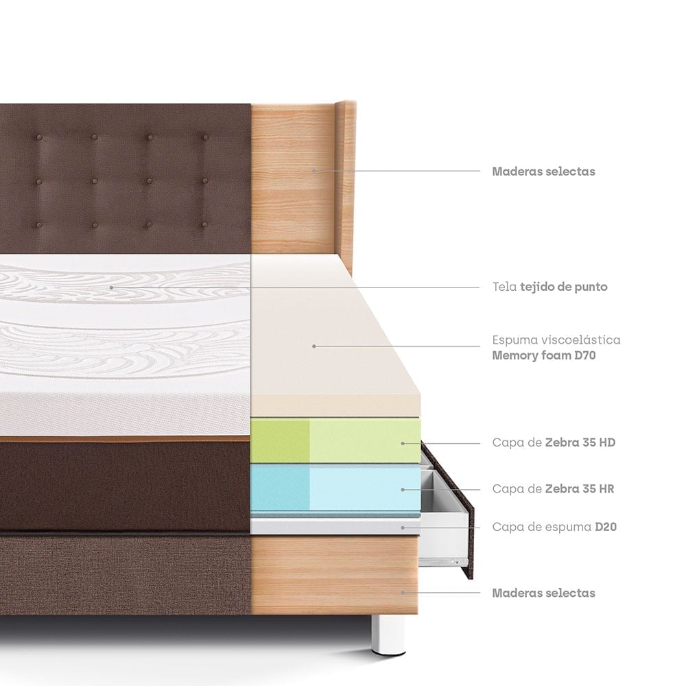 DORMITORIO CON CAJONES PARAÍSO ROYAL ABRAZZO 1.5 PLAZAS CHOCOLATE + CABECERA GOLD + 1 ALMOHADA VISCOELÁSTICA - 4