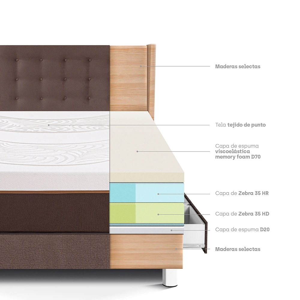 DORMITORIO CON CAJONES PARAÍSO ROYAL ABRAZZO 1.5 PLAZAS CHOCOLATE + CABECERA GOLD + 1 ALMOHADA VISCOELÁSTICA - 4