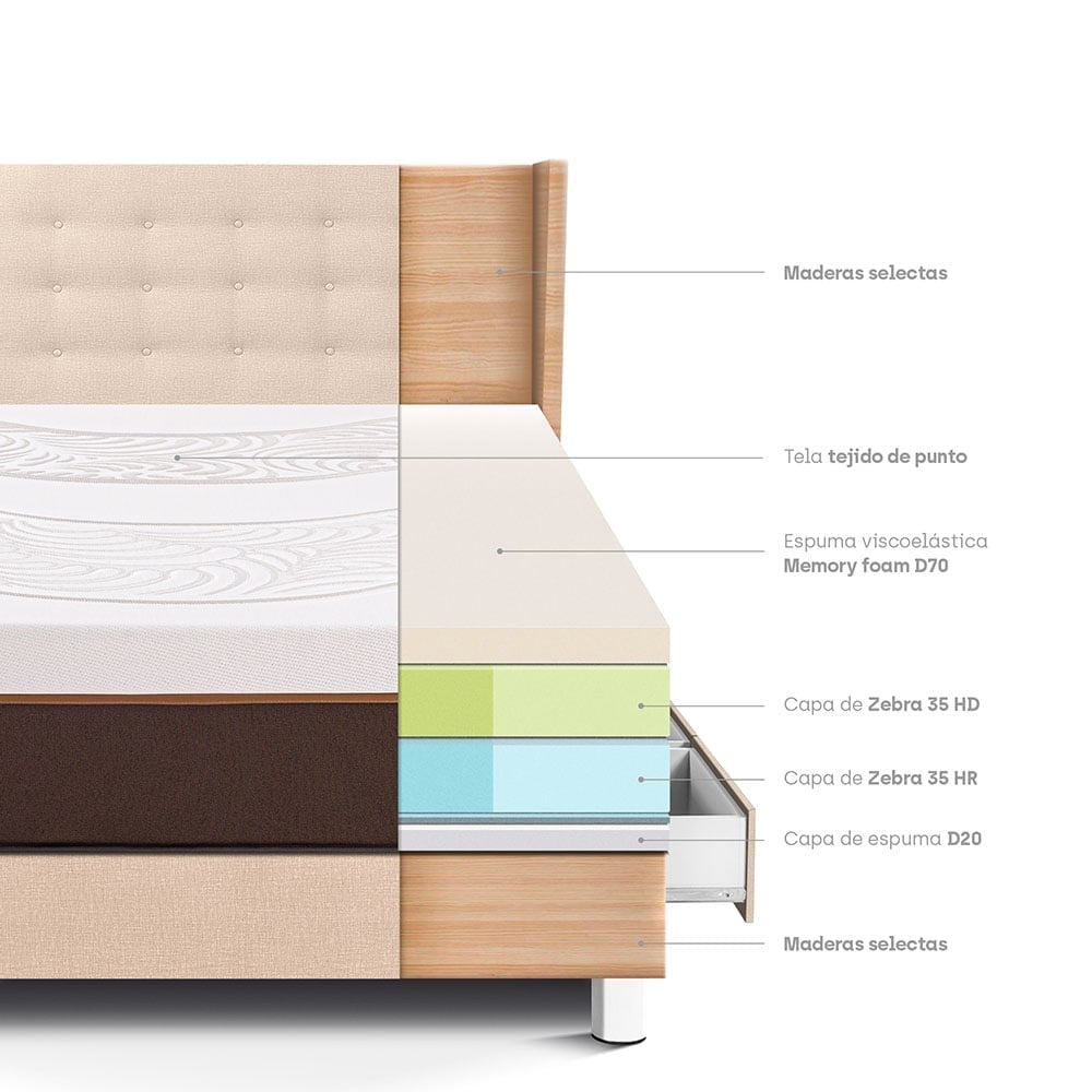 DORMITORIO CON CAJONES PARAÍSO ROYAL ABRAZZO 1.5 PLAZAS CHAMPAGNE + CABECERA GOLD + 1 ALMOHADA VISCOELÁSTICA - 4