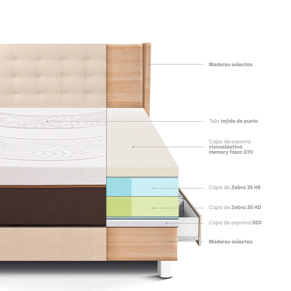 DORMITORIO CON CAJONES PARAÍSO ROYAL ABRAZZO 1.5 PLAZAS CHAMPAGNE + CABECERA GOLD + 1 ALMOHADA VISCOELÁSTICA - 4