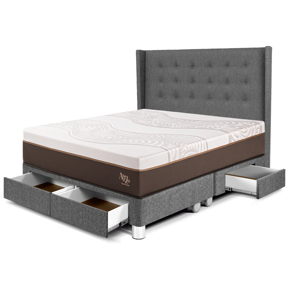 DORMITORIO CON CAJONES PARAÍSO ROYAL ABRAZZO QUEEN GRIS + CABECERA GOLD + 2 ALMOHADAS VISCOELÁSTICAS - 1
