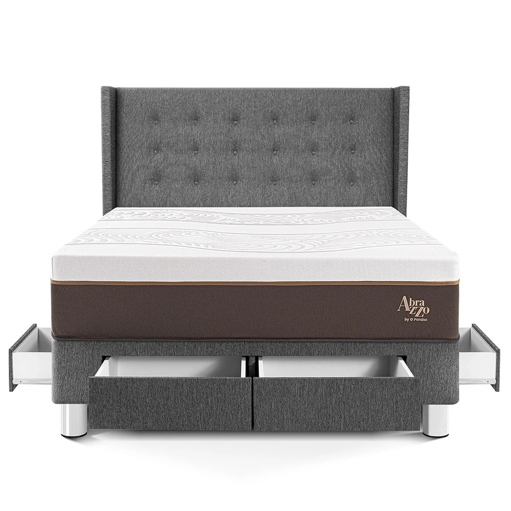 DORMITORIO CON CAJONES PARAÍSO ROYAL ABRAZZO QUEEN GRIS + CABECERA GOLD + 2 ALMOHADAS VISCOELÁSTICAS - 3