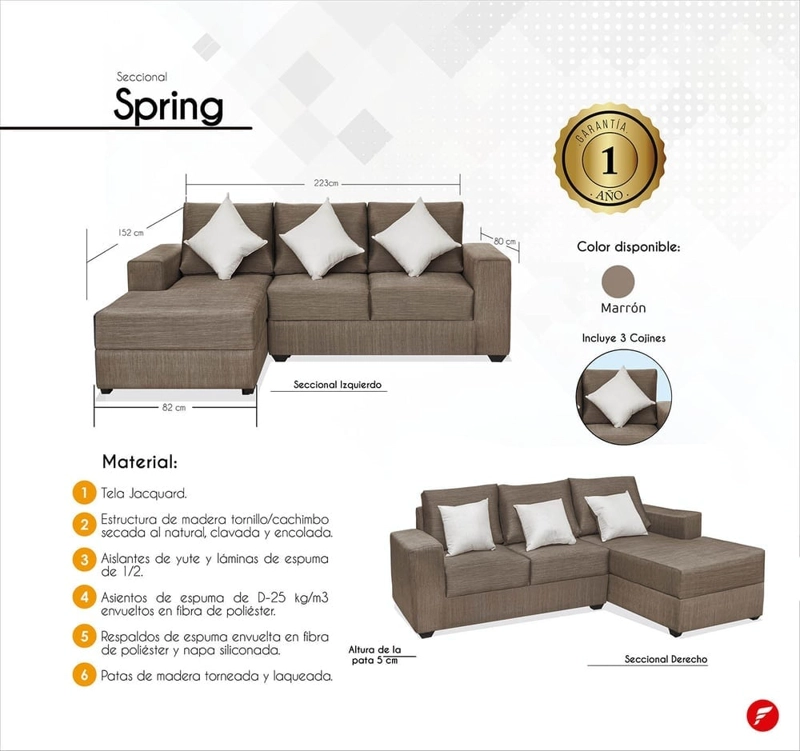 SECCIONAL DERECHO FORLI SPRING 2-1 CUERPOS MARRÓN + 3 COJINES - 6