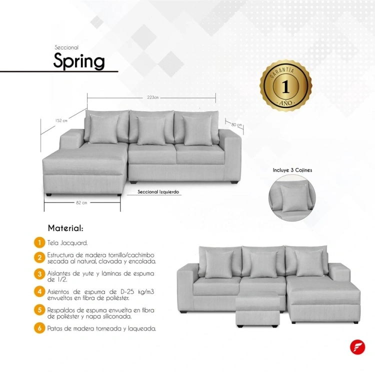 SECCIONAL IZQUIERDO FORLI SPRING 2-1 CUERPOS PLATA + 3 COJINES - 6