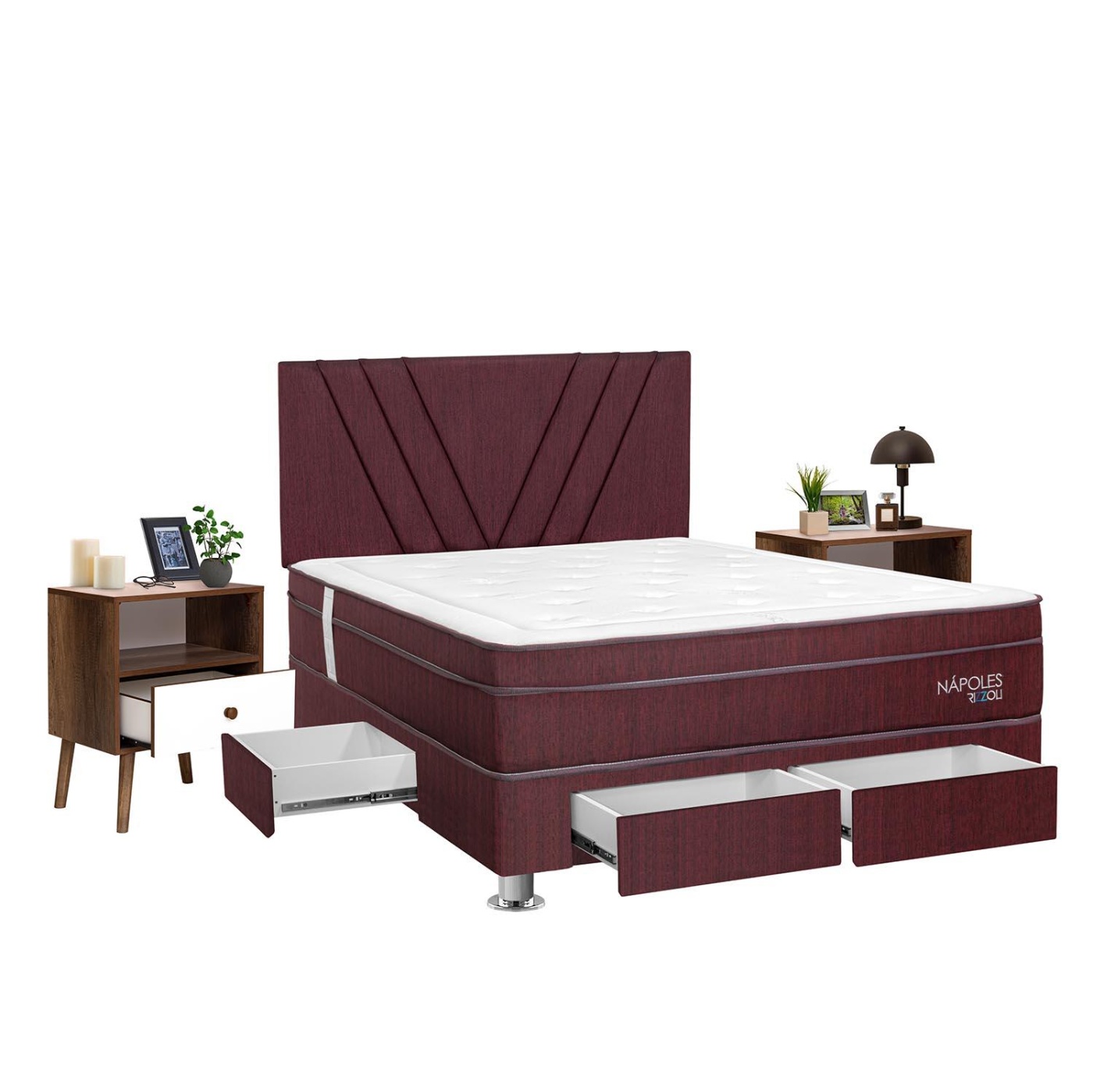 DORMITORIO AMERICANO RIZZOLI NÁPOLES 2 PLAZAS CON CAJONES GUINDA + VELADOR FALA - 1