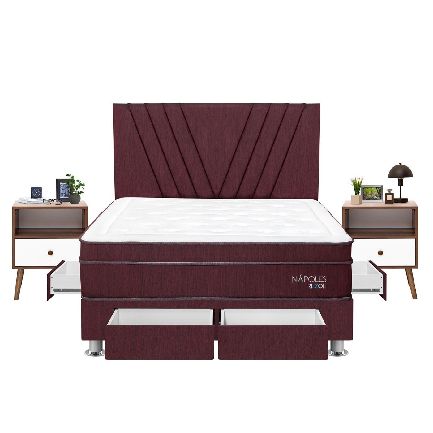 DORMITORIO AMERICANO RIZZOLI NÁPOLES QUEEN CON CAJONES GUINDA + VELADOR FALA - 2