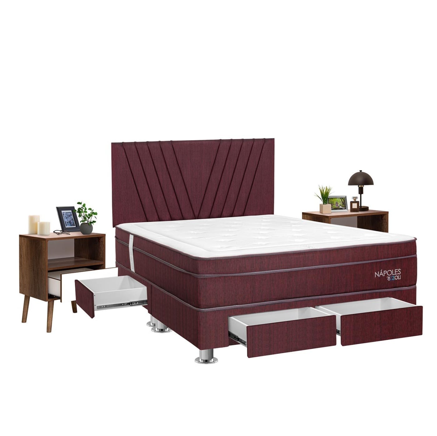 DORMITORIO AMERICANO RIZZOLI NÁPOLES KING CON CAJONES GUINDA + VELADOR FALA - 1
