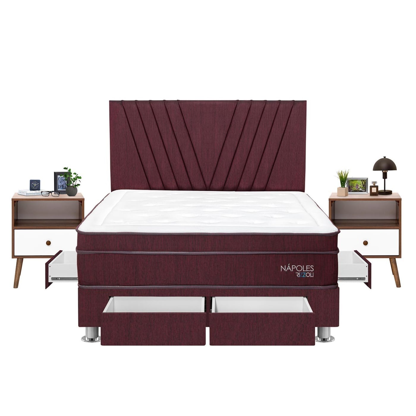 DORMITORIO AMERICANO RIZZOLI NÁPOLES KING CON CAJONES GUINDA + VELADOR FALA - 2