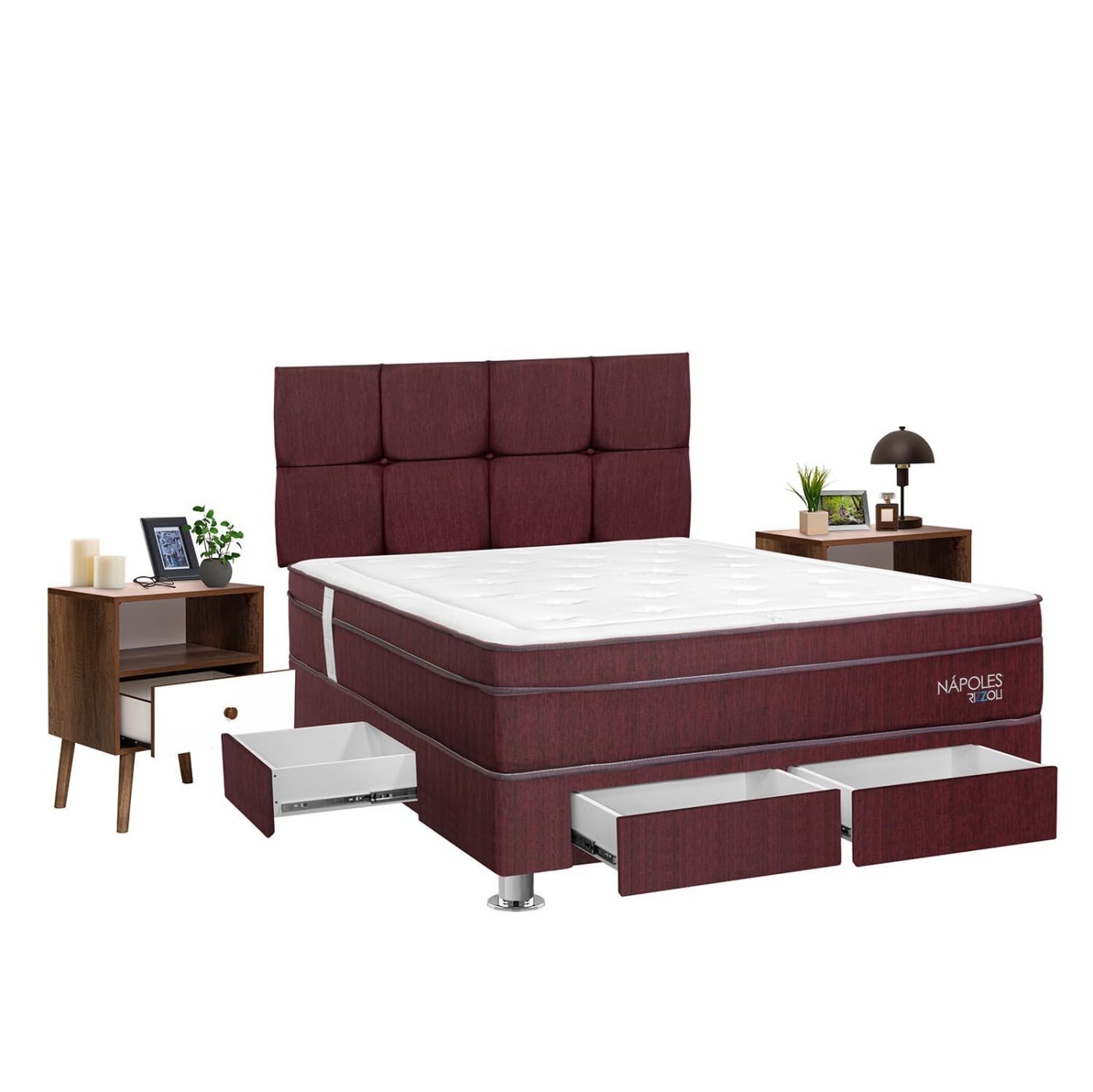 DORMITORIO AMERICANO RIZZOLI NÁPOLES 2 PLAZAS CON CAJONES GUINDA + VELADOR FALA - 1