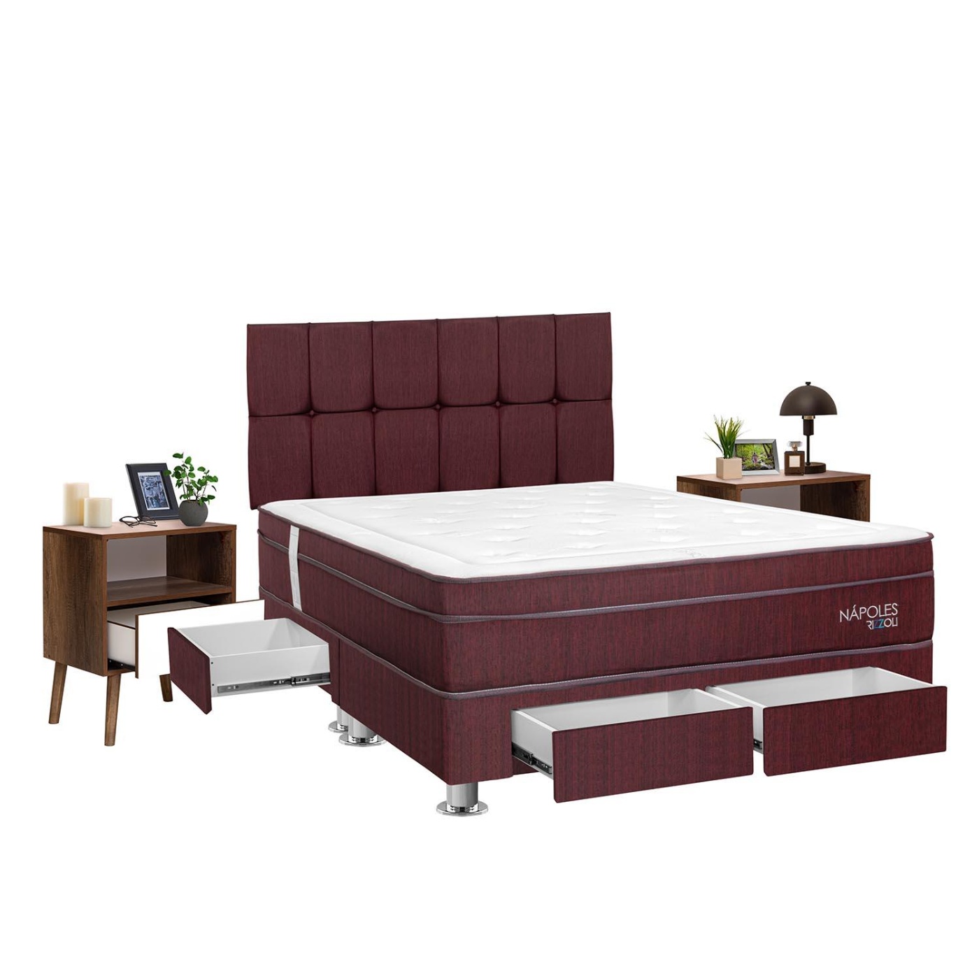 DORMITORIO AMERICANO RIZZOLI NÁPOLES KING CON CAJONES GUINDA + VELADOR FALA - 1