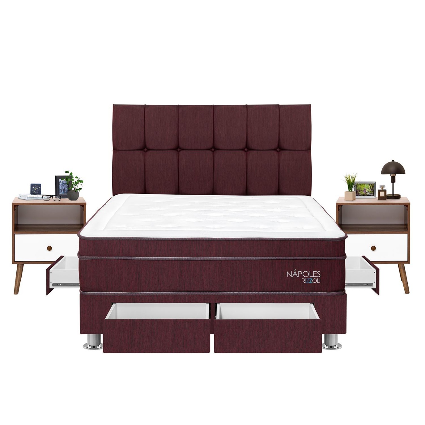 DORMITORIO AMERICANO RIZZOLI NÁPOLES KING CON CAJONES GUINDA + VELADOR FALA - 2