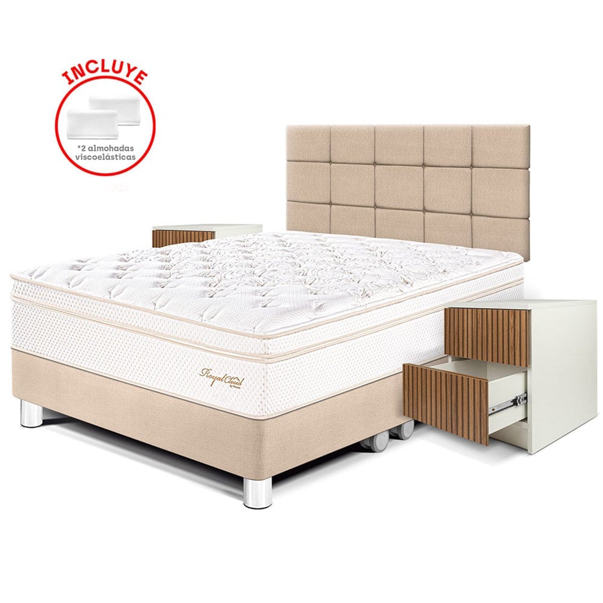 DORMITORIO PARAÍSO ROYAL CLOUD QUEEN BLOCKS + VELADOR BRISSE CHAMPAGNE + 2 ALMOHADAS VISCOELÁSTICAS - 1