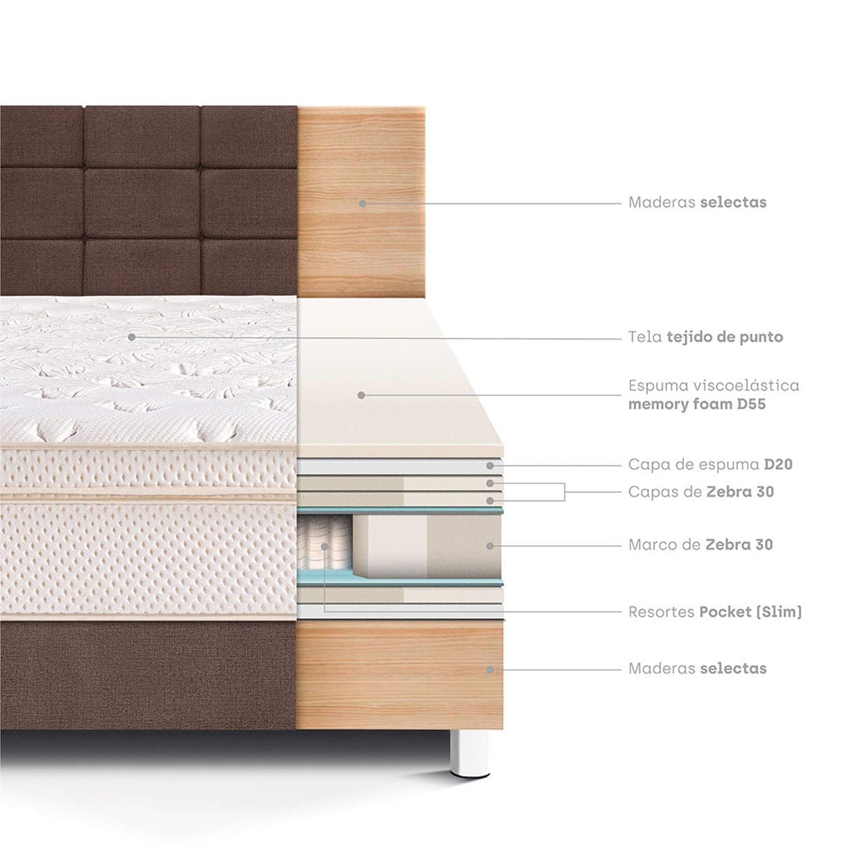 DORMITORIO PARAÍSO ROYAL CLOUD QUEEN BLOCKS + VELADOR BRISSE CHOCOLATE + 2 ALMOHADAS VISCOELÁSTICAS - 4
