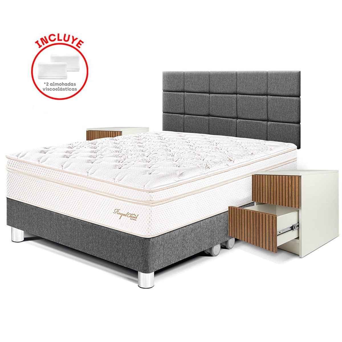DORMITORIO PARAÍSO ROYAL CLOUD QUEEN BLOCKS + VELADOR BRISSE GRIS + 2 ALMOHADAS VISCOELÁSTICAS - 1