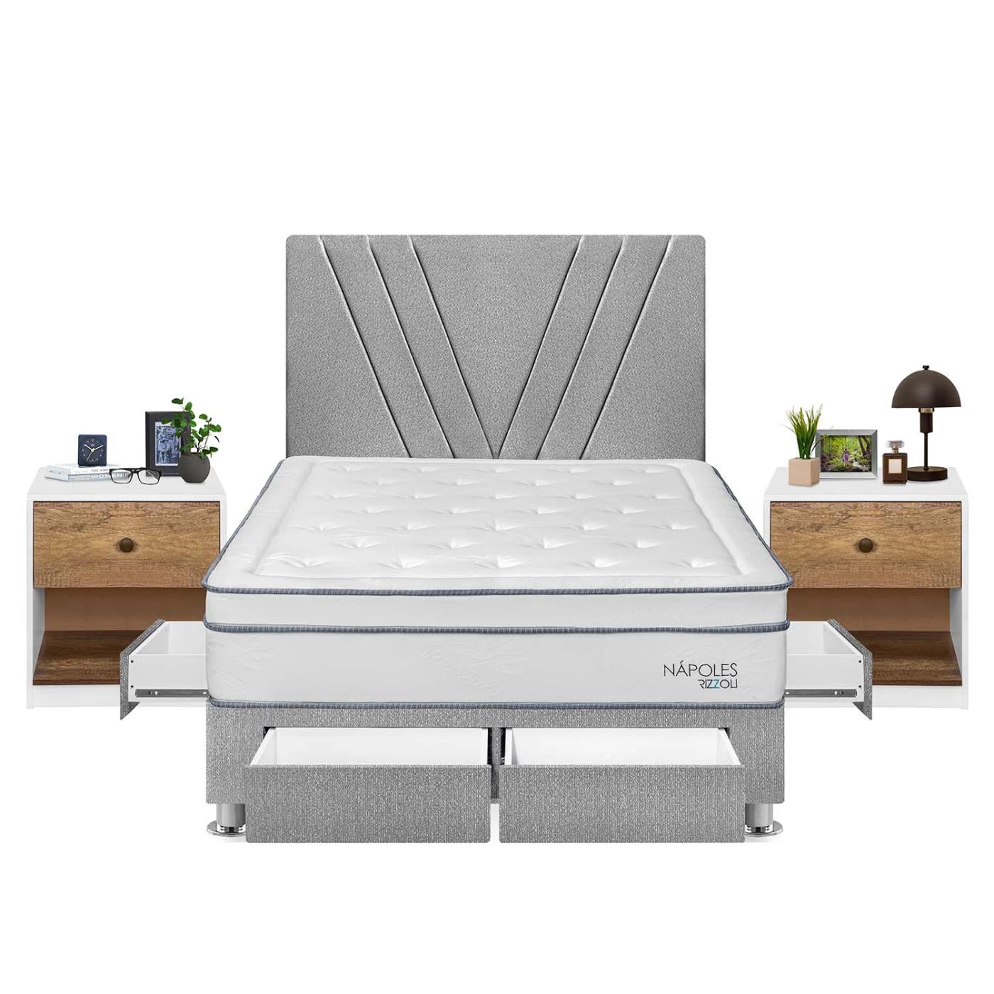 DORMITORIO RIZZOLI NAPOLES 2 PLAZAS 4 CAJONES + VELADOR MUNDIAL - 1