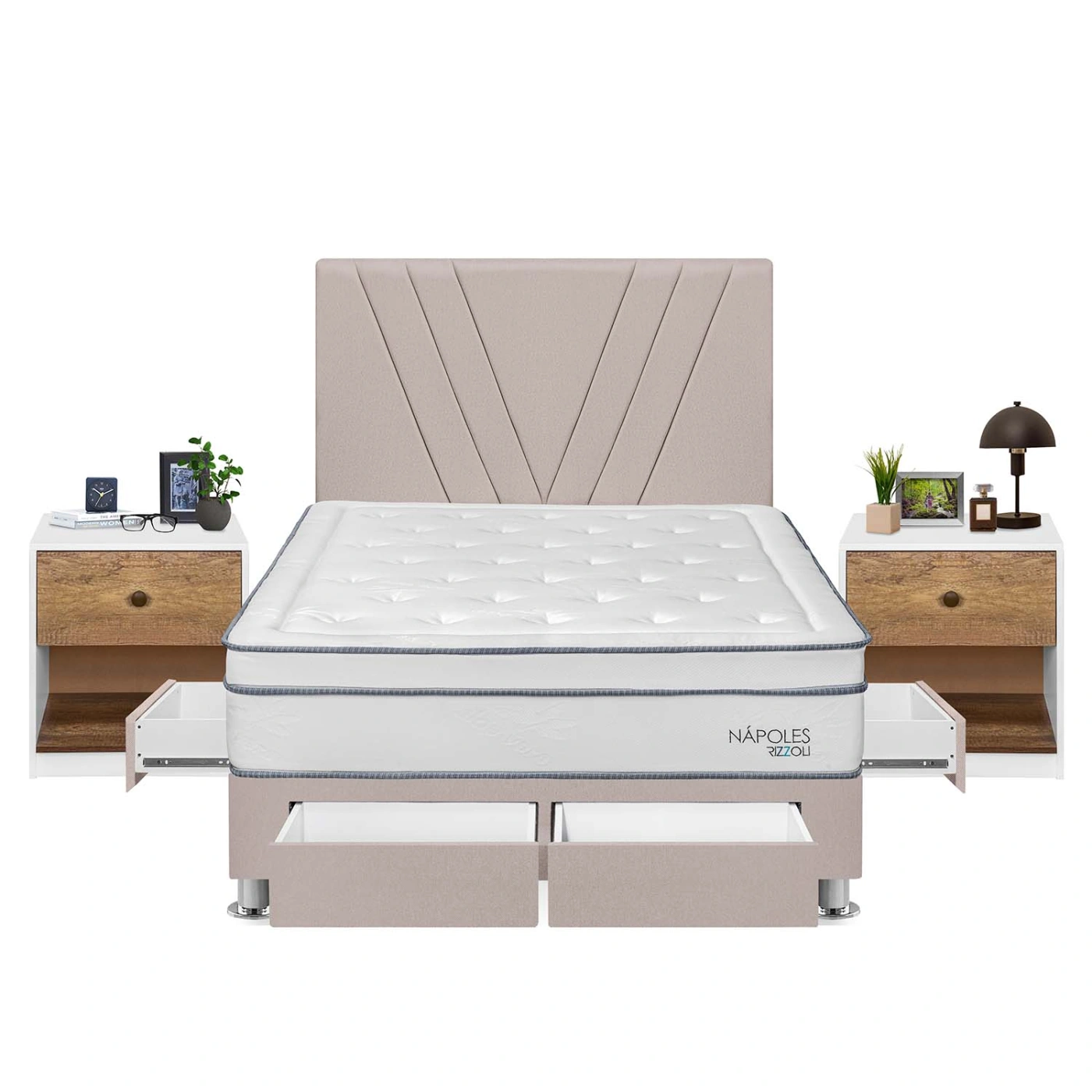 DORMITORIO RIZZOLI NAPOLES 2 PLAZAS 4 CAJONES + VELADOR MUNDIAL - 1