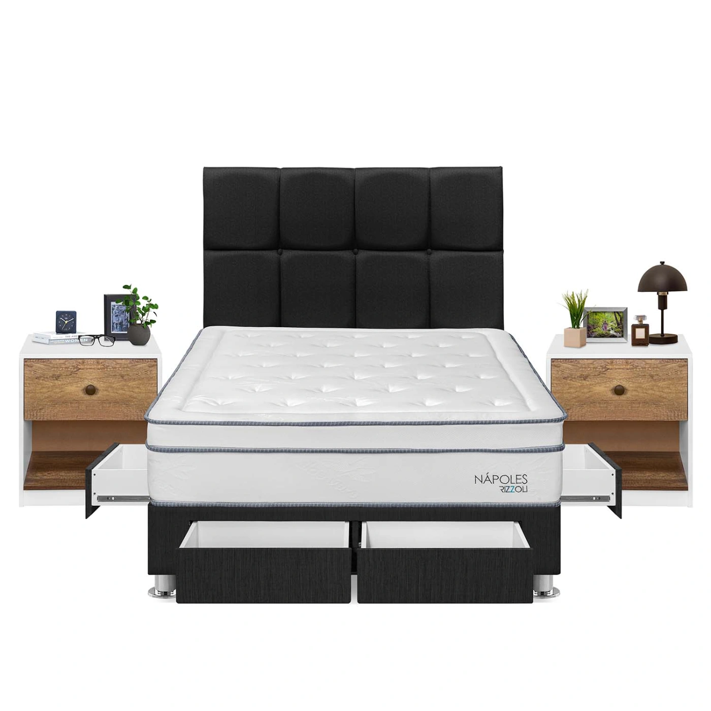 DORMITORIO RIZZOLI NAPOLES 2 PLAZAS 4 CAJONES + VELADOR MUNDIAL - 1
