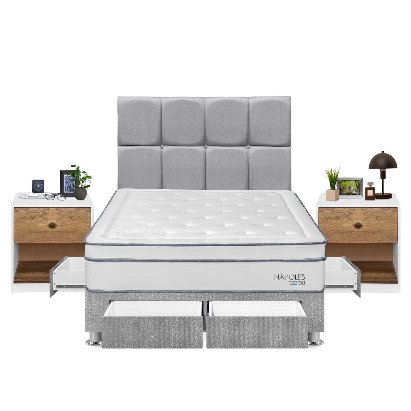 DORMITORIO RIZZOLI NAPOLES 2 PLAZAS 4 CAJONES + VELADOR MUNDIAL - 1