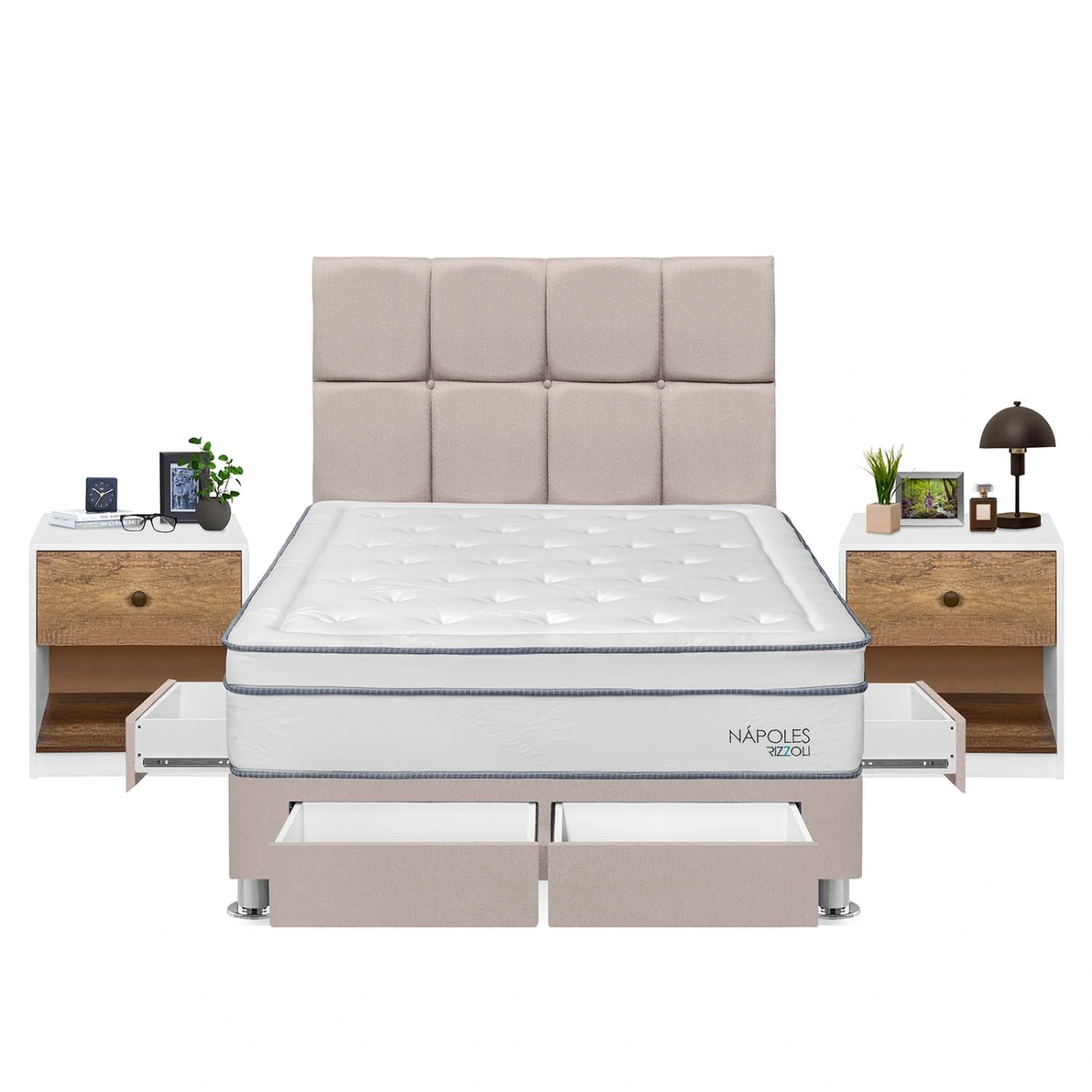 DORMITORIO RIZZOLI NAPOLES 2 PLAZAS 4 CAJONES + VELADOR MUNDIAL - 1