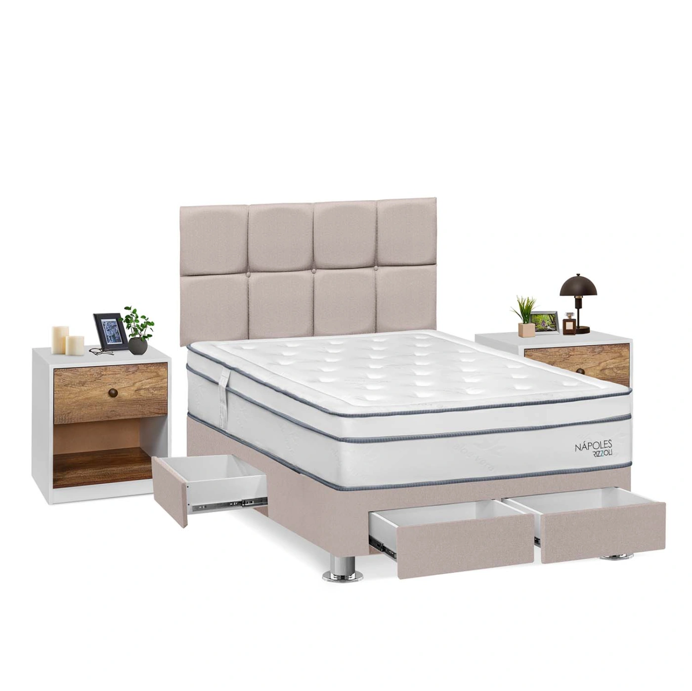 DORMITORIO RIZZOLI NAPOLES 2 PLAZAS 4 CAJONES + VELADOR MUNDIAL - 2