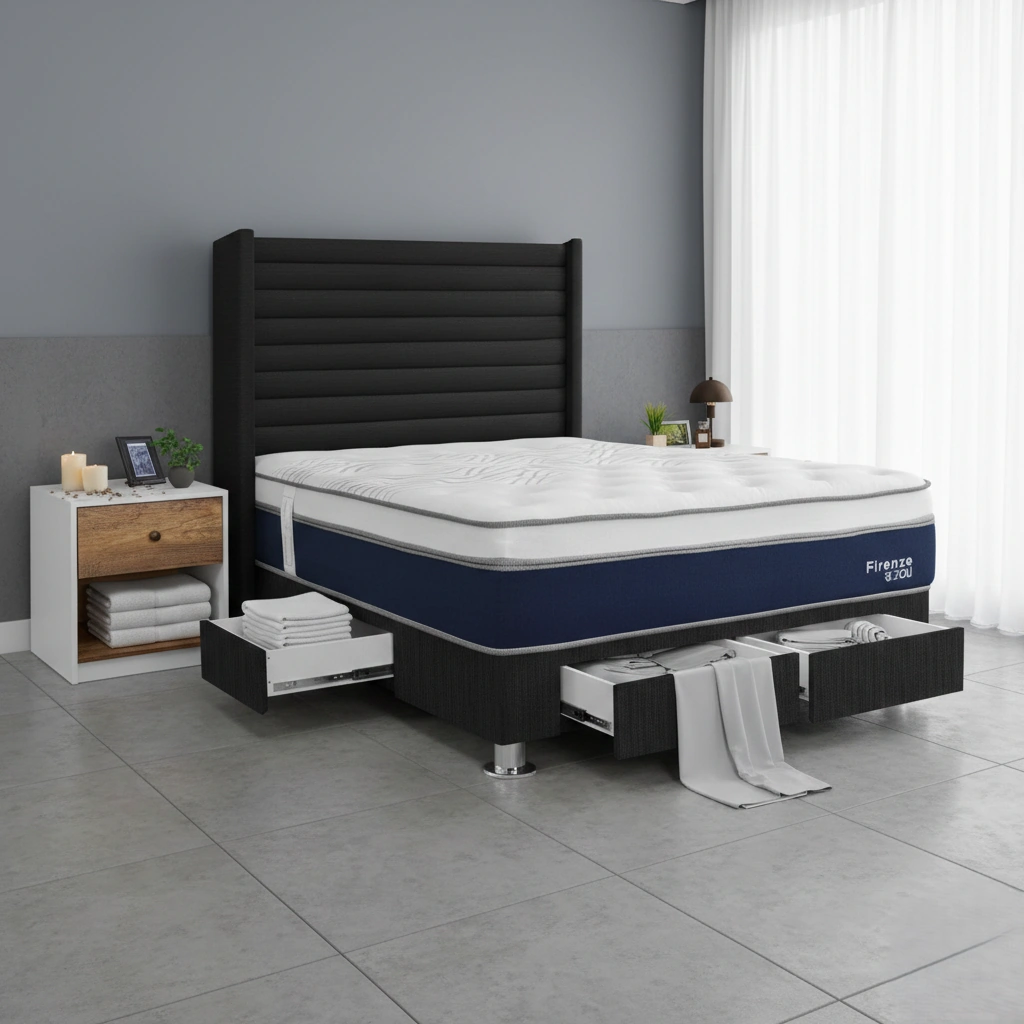 DORMITORIO RIZZOLI FIRENZE 2 PLAZAS CON CAJONES GRIS + VELADOR MUNDIAL - 1