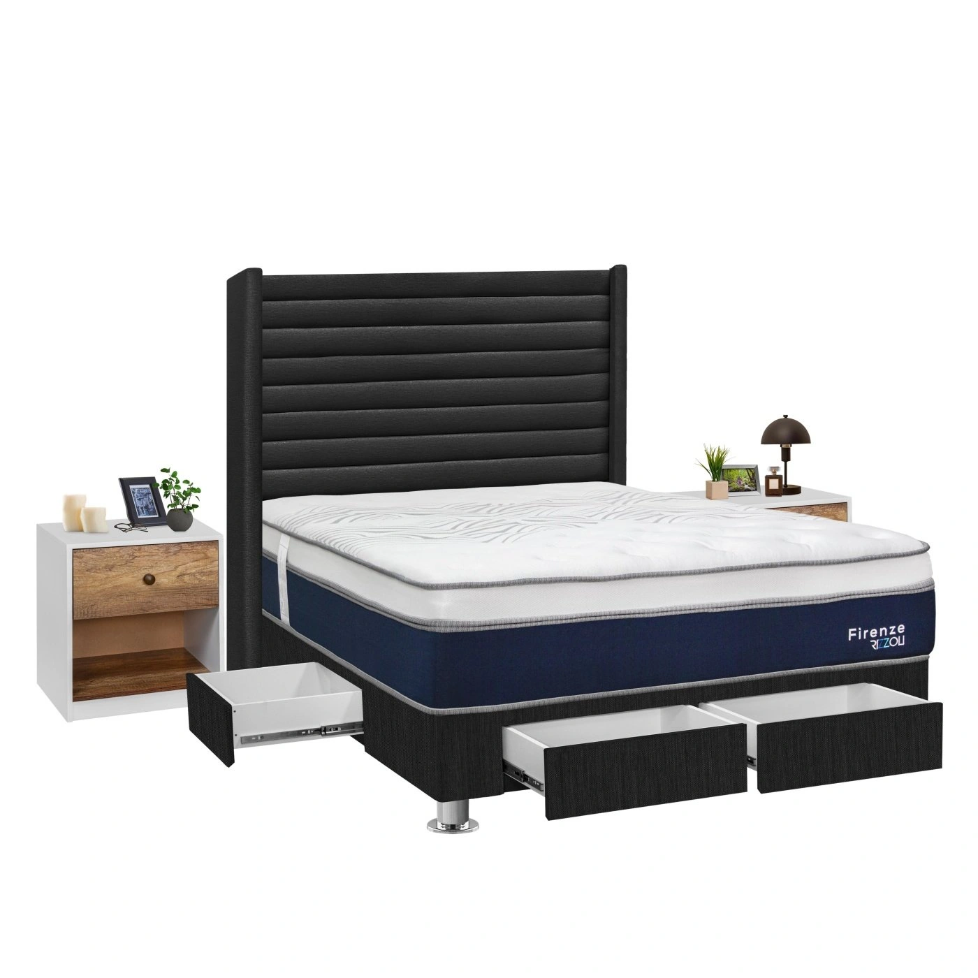 DORMITORIO RIZZOLI FIRENZE 2 PLAZAS CON CAJONES GRIS + VELADOR MUNDIAL - 2