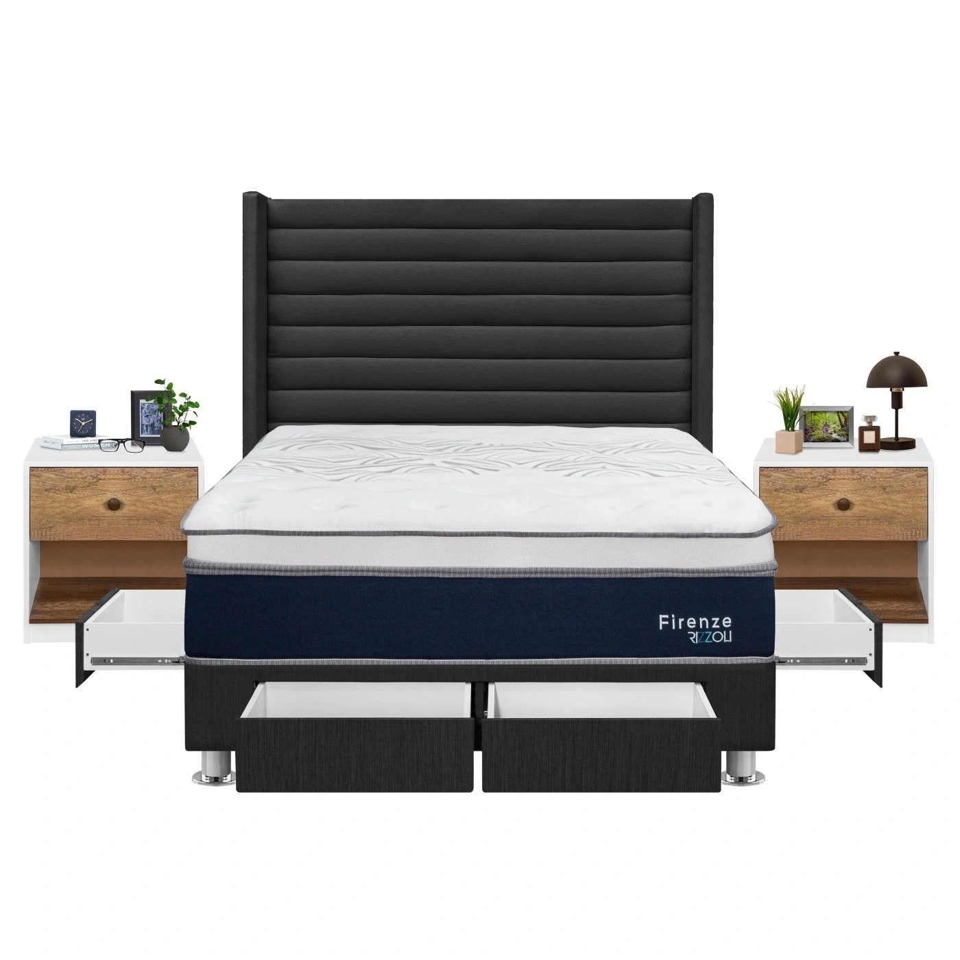 DORMITORIO RIZZOLI FIRENZE 2 PLAZAS CON CAJONES GRIS + VELADOR MUNDIAL - 3