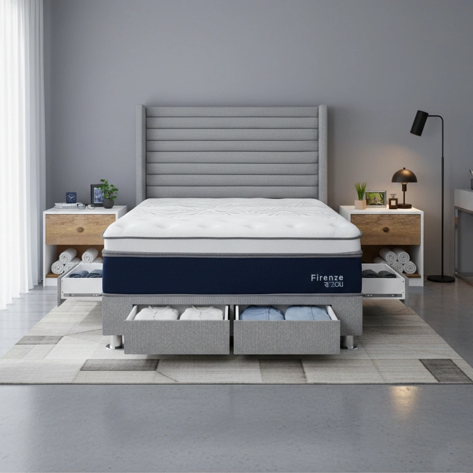 DORMITORIO RIZZOLI FIRENZE 2 PLAZAS CON CAJONES PLATA + VELADOR MUNDIAL - 1