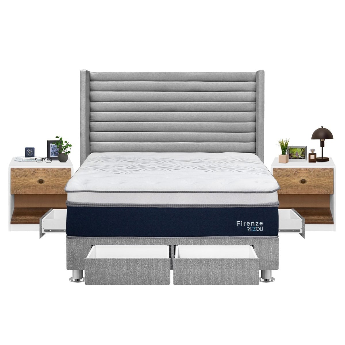 DORMITORIO RIZZOLI FIRENZE QUEEN CON CAJONES PLATA + VELADOR MUNDIAL - 1
