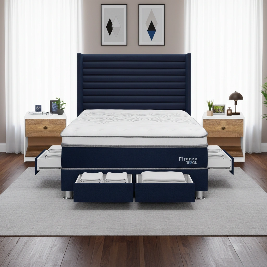 DORMITORIO RIZZOLI FIRENZE 2 PLAZAS CON CAJONES AZUL + VELADOR MUNDIAL - 1