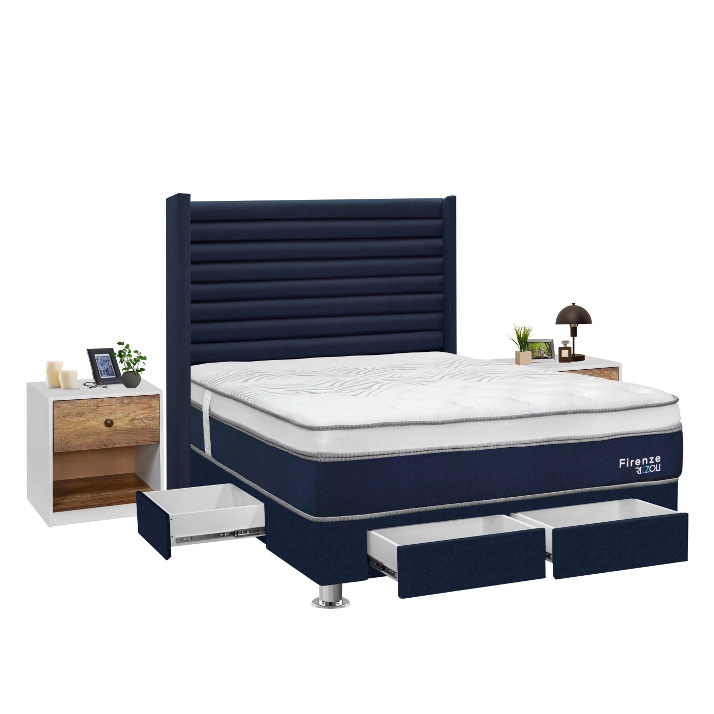 DORMITORIO RIZZOLI FIRENZE 2 PLAZAS CON CAJONES AZUL + VELADOR MUNDIAL - 2