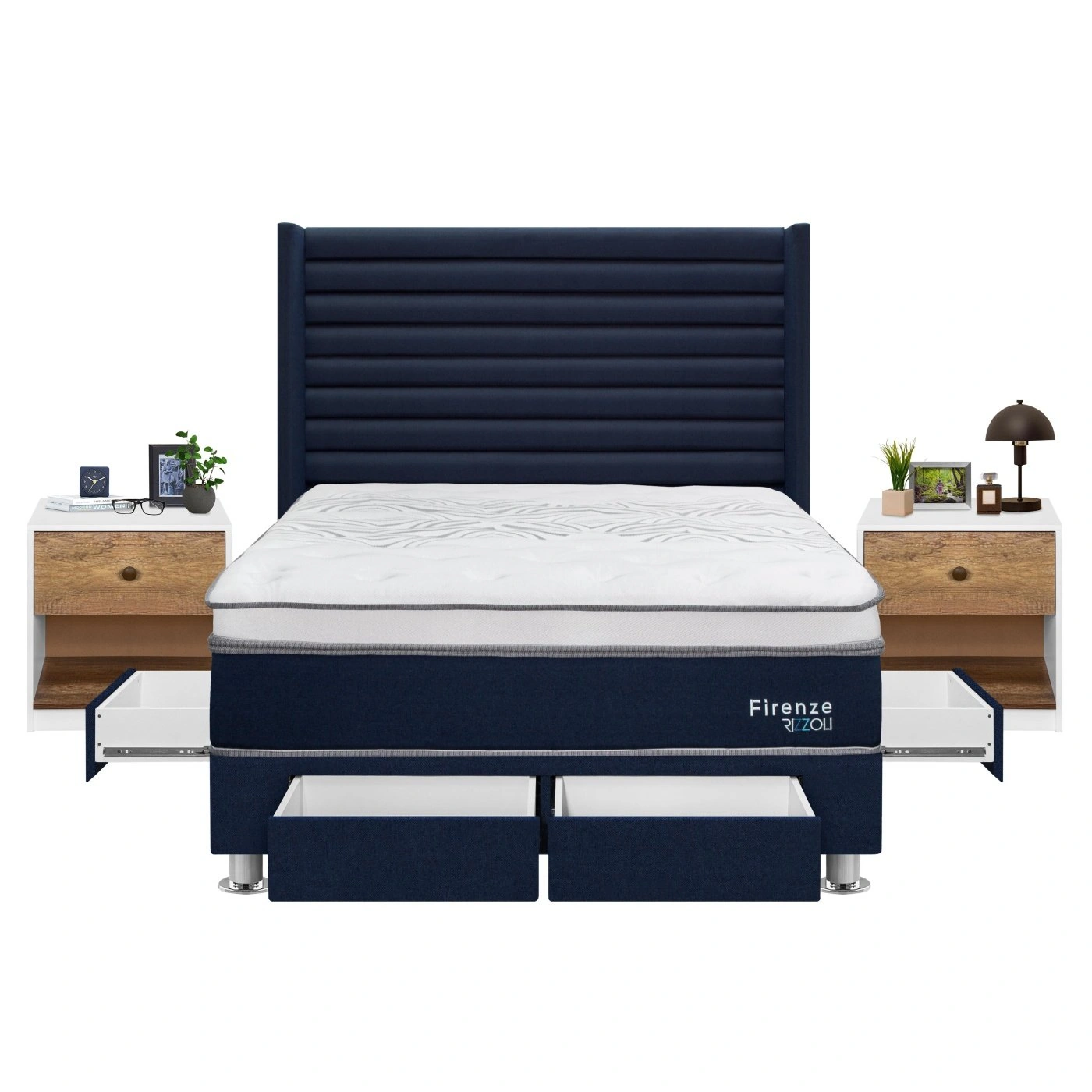 DORMITORIO RIZZOLI FIRENZE 2 PLAZAS CON CAJONES AZUL + VELADOR MUNDIAL - 3