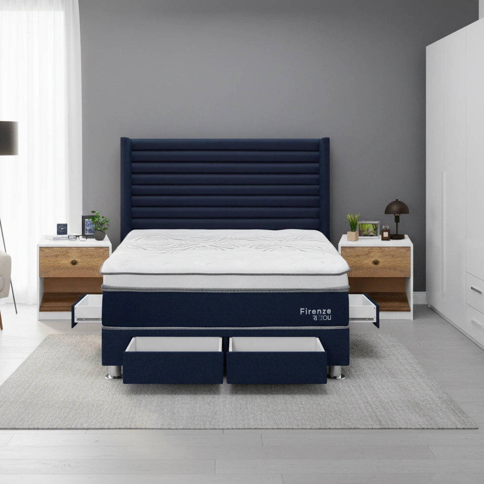 DORMITORIO RIZZOLI FIRENZE QUEEN CON CAJONES AZUL + VELADOR MUNDIAL - 1