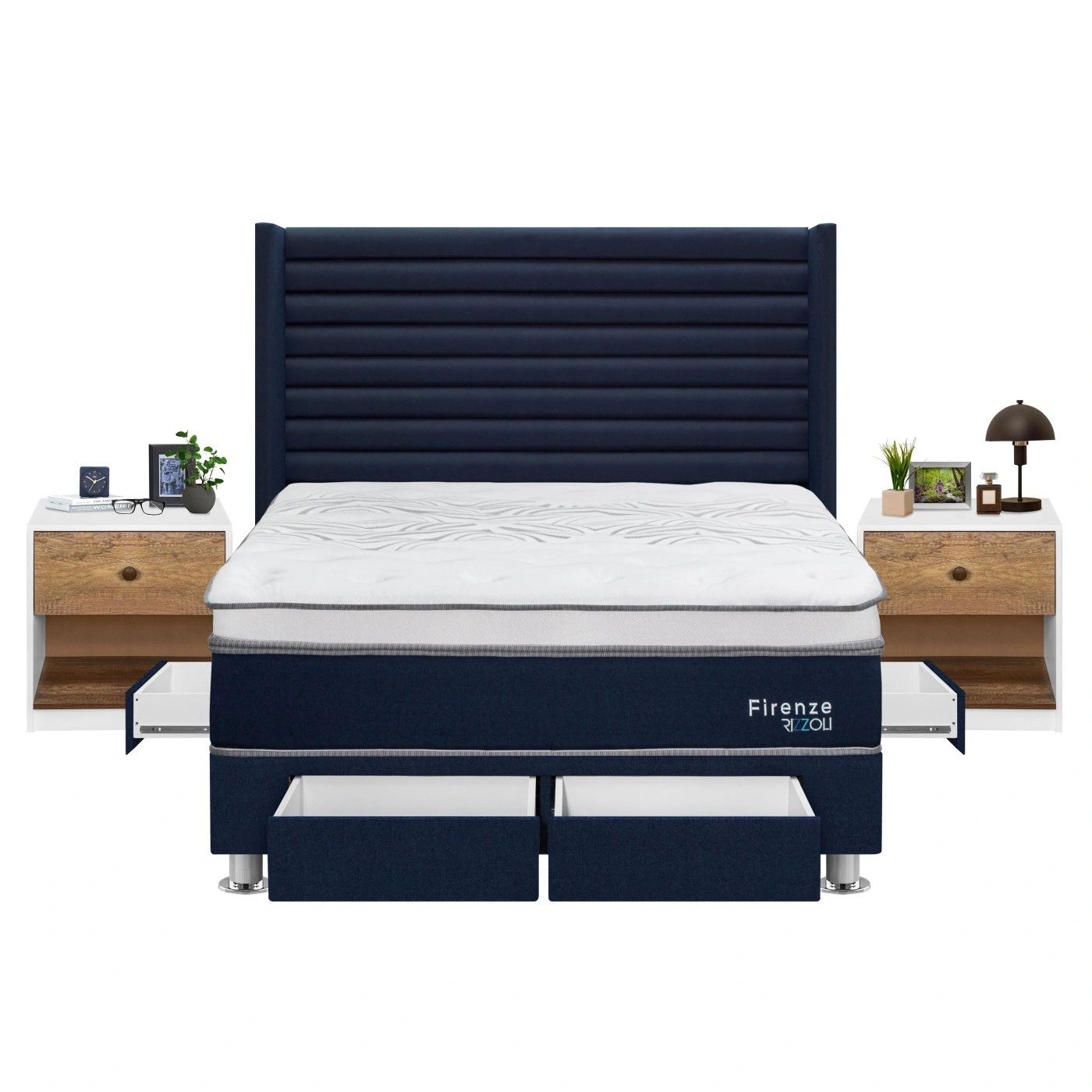 DORMITORIO RIZZOLI FIRENZE QUEEN CON CAJONES AZUL + VELADOR MUNDIAL - 2