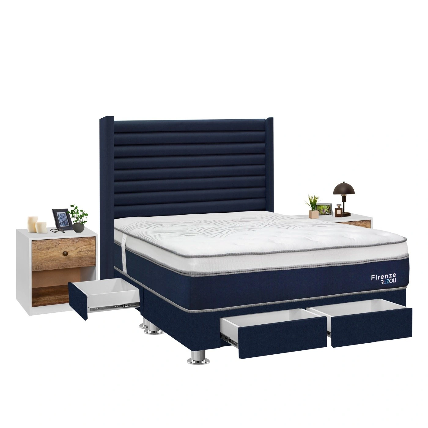 DORMITORIO RIZZOLI FIRENZE QUEEN CON CAJONES AZUL + VELADOR MUNDIAL - 3